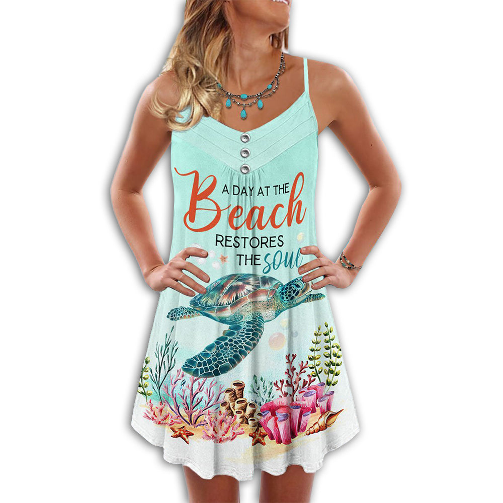 Turtle A Day At Beach Restores Soul V-Neck Sleeveless Cami Dress For Beach Festivals And Comfortable Summer Outfits