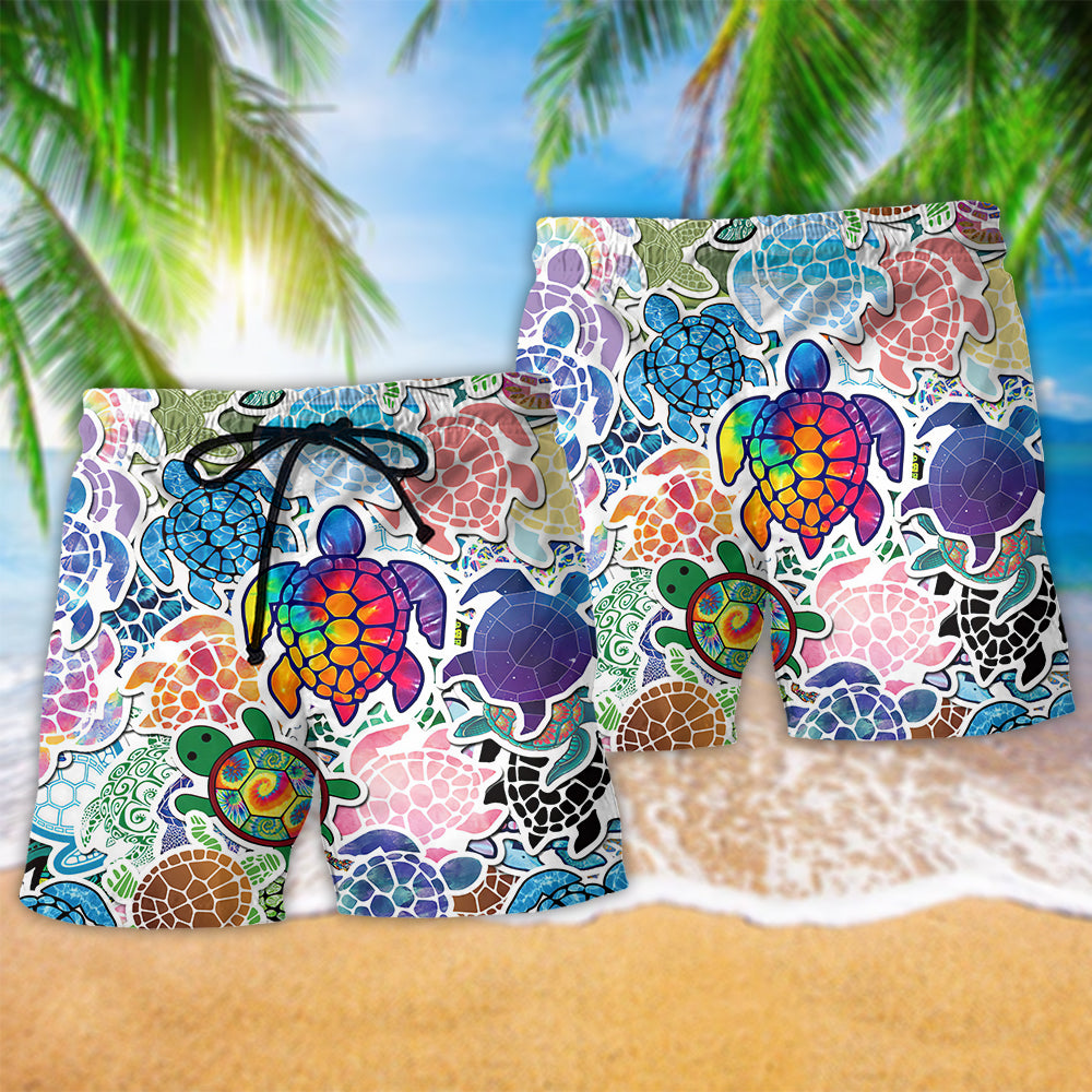 Turtle Color Peace Beach Shorts Pattern Detail For Coastal Travel And Relaxed Casual Style