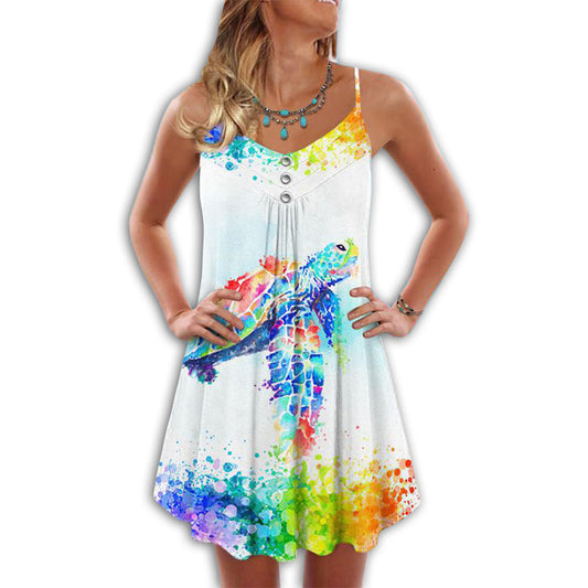 Colorful Turtle Beach Soul Ocean Love – Women's Summer Sleeveless V-Neck Camisole Dress