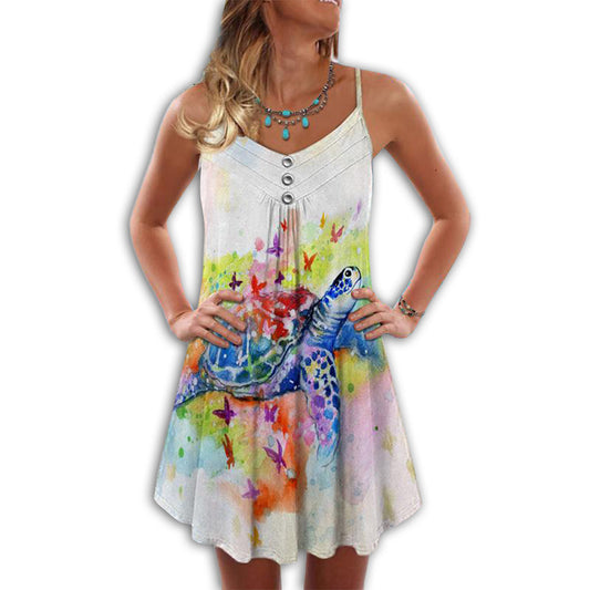 Colorful Turtle Ocean Love – Women's Summer Sleeveless V-Neck Camisole Dress