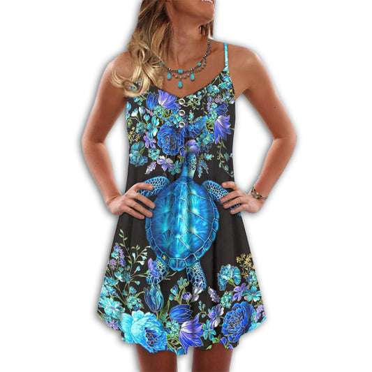 Turtle Flower Love – Women's Summer Sleeveless V-Neck Camisole Dress