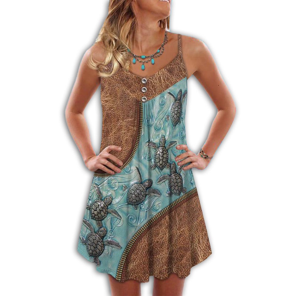 Turtle Is Beach Soul Love Ocean V-Neck Sleeveless Cami Dress For Tropical Parties And Casual Everyday Style
