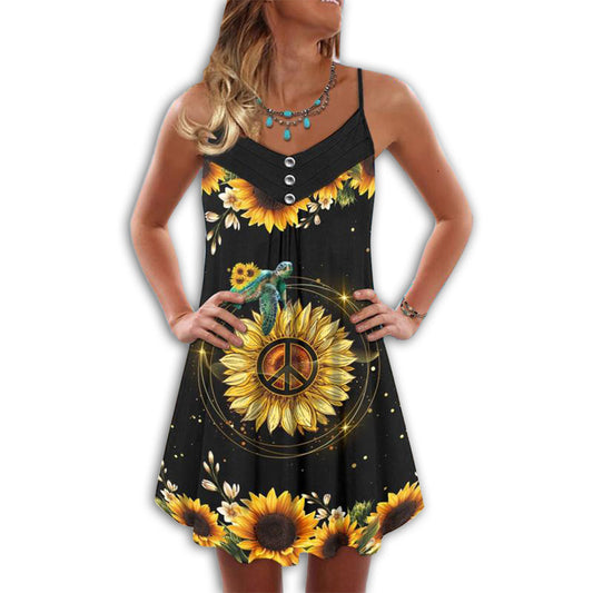 Hippie Sunflower Turtle Love – Women's Summer Sleeveless V-Neck Camisole Dress