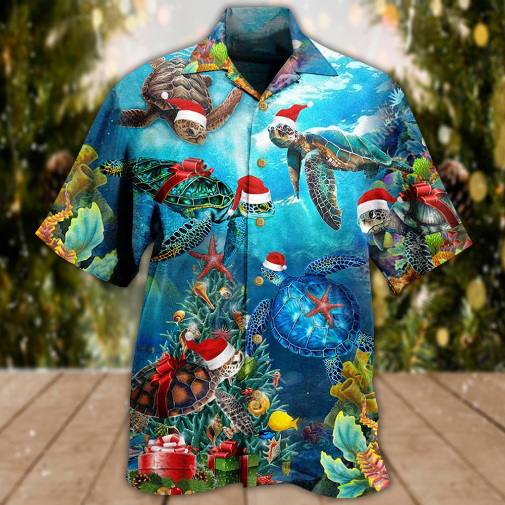 Turtle Christmas Ocean Hawaiian Shirt Artwork Detail For Tropical Trips And Casual Outings
