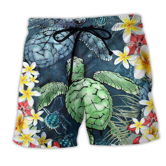 Turtle Love Flowers So Pretty Hawaiian Print Beach Shorts For Tropical Coastal Getaways