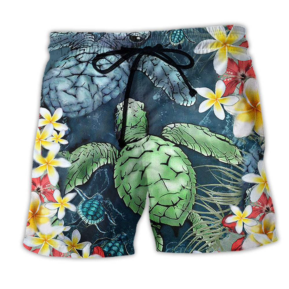 Turtle Flowers Pretty Beach Shorts Artwork Detail For Poolside And Ocean Adventures