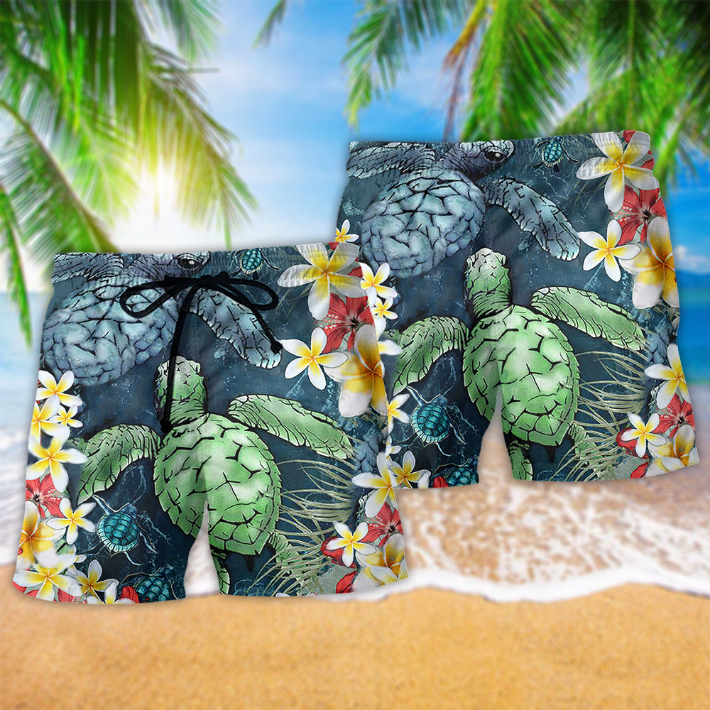 Turtle Flowers Pretty Beach Shorts Artwork Detail For Casual Warm Weather Outfits