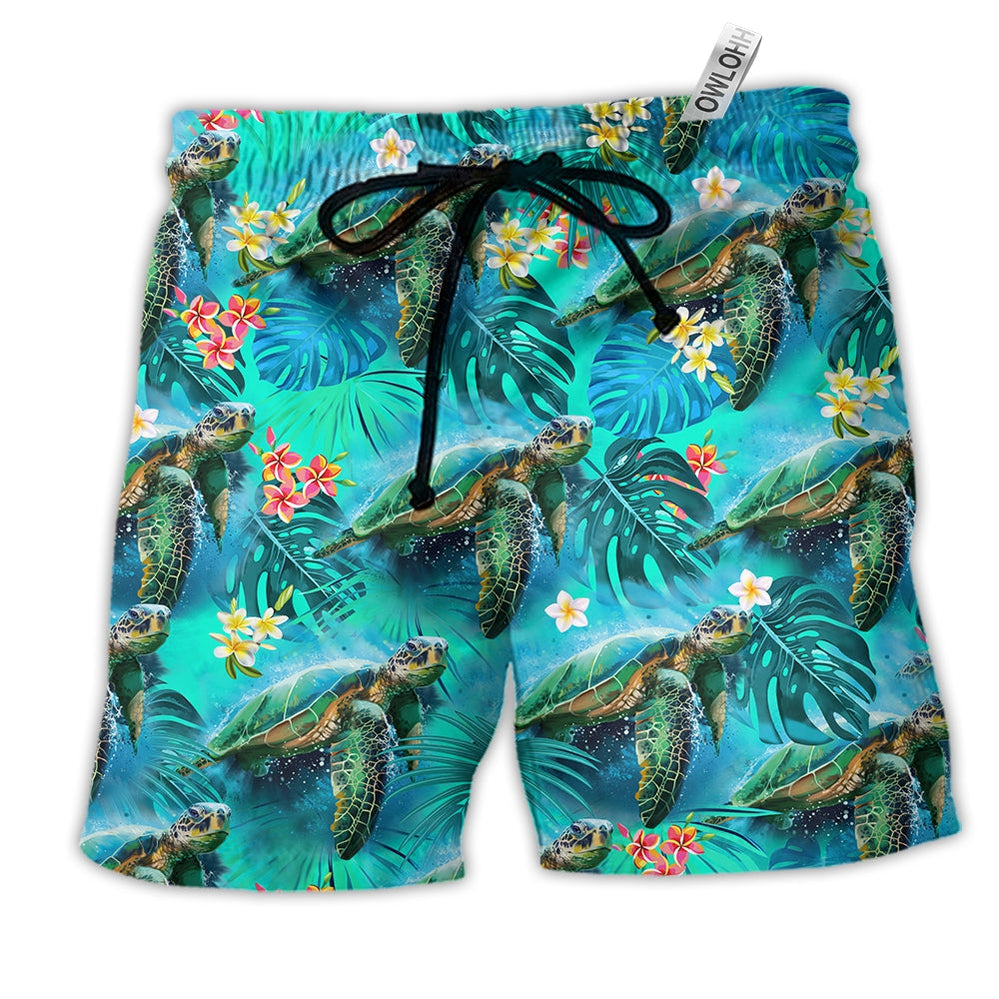 Turtle Love Life Blue Hawaiian Print Beach Shorts For Marine Inspired Outdoor Wear