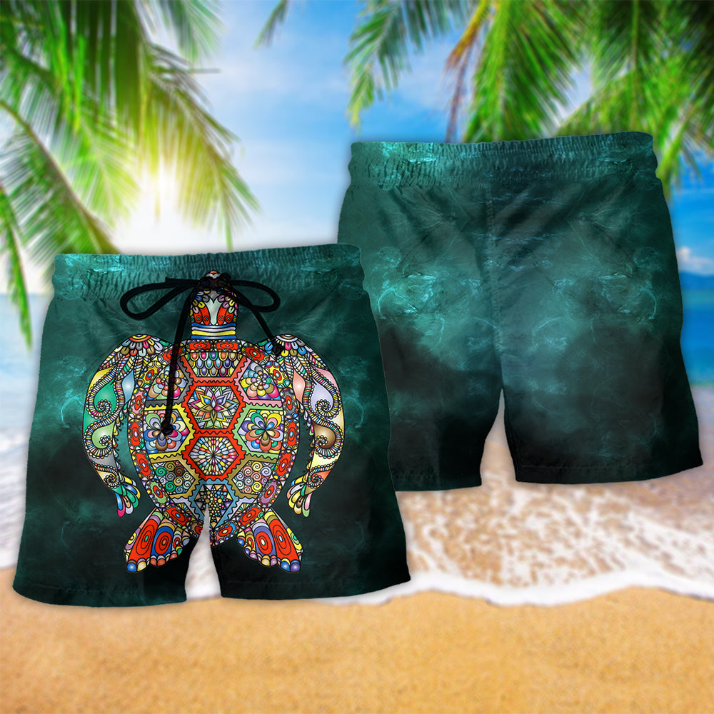 Green Sea Turtle Beach Shorts Pattern Detail For Beachside Relaxation And Easy Warm Weather Wear