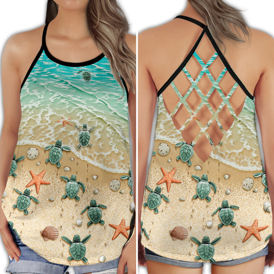 Turtle Beach Ocean Blue Hollow Tank Top For Beach Vacations And Casual Wear