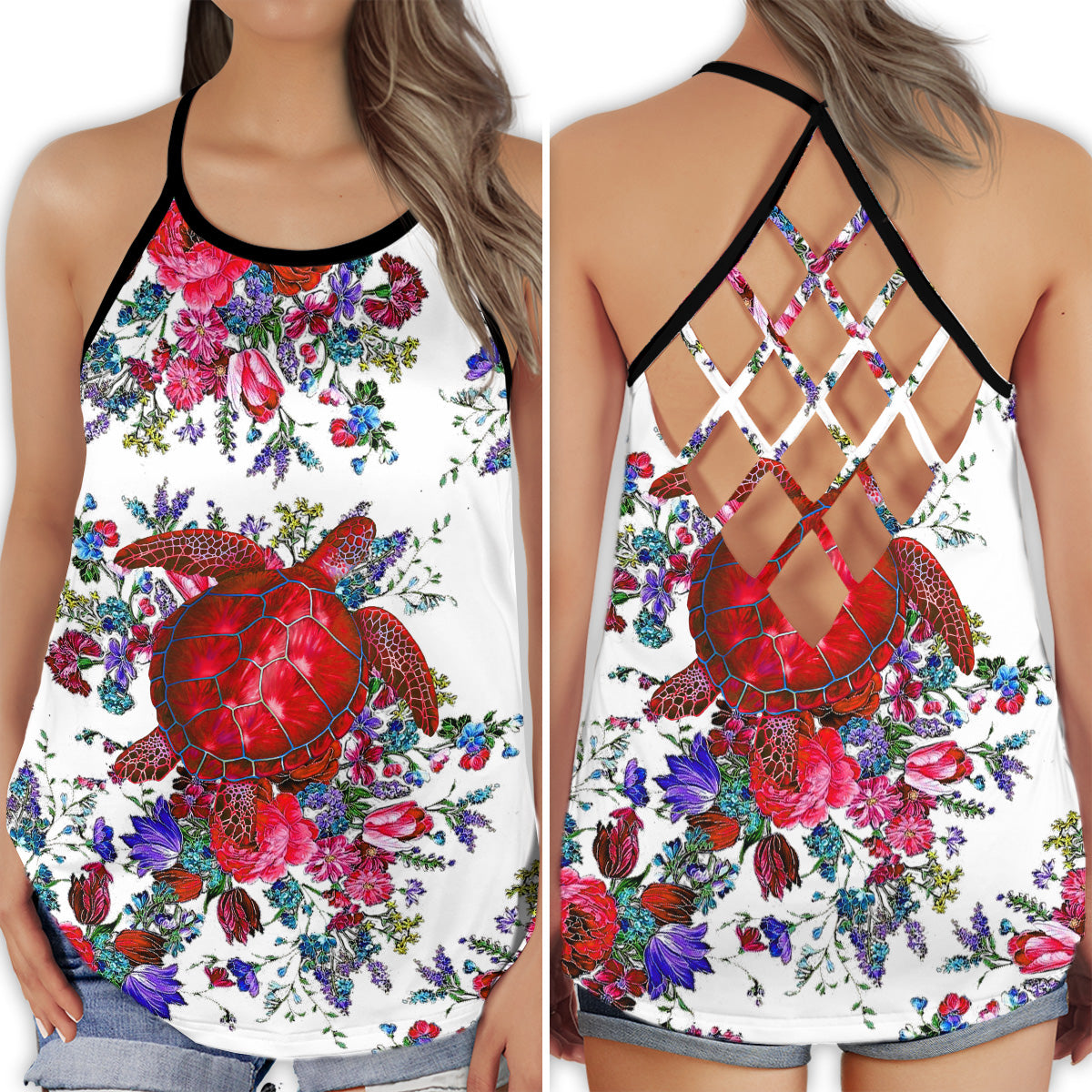 Turtle Beach Ocean Floral Hollow Tank Top For Beach Vacations And Casual Wear
