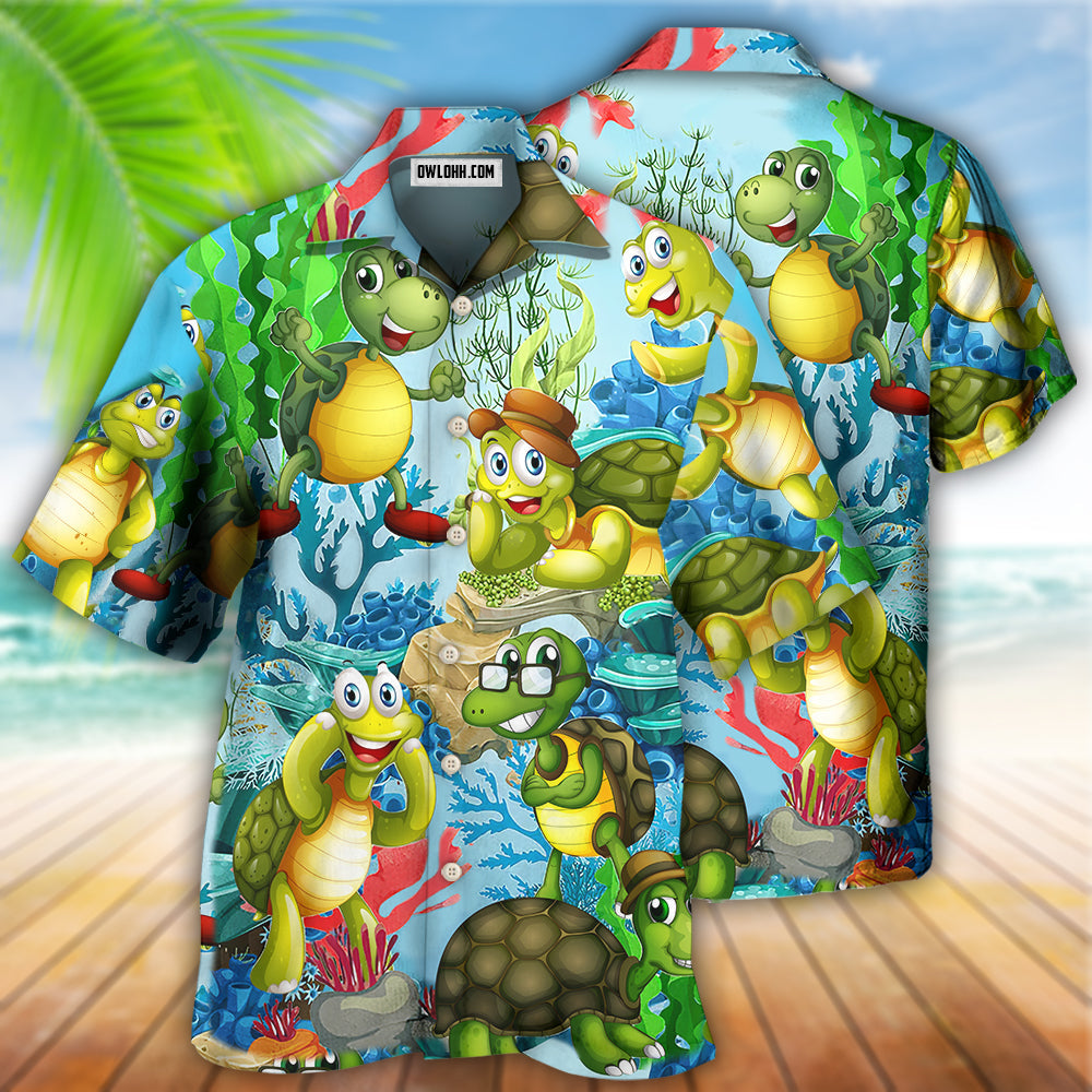Happy Funny Turtle Mini Hawaiian Shirt Pattern View For Relaxed Warm Weather Outfits