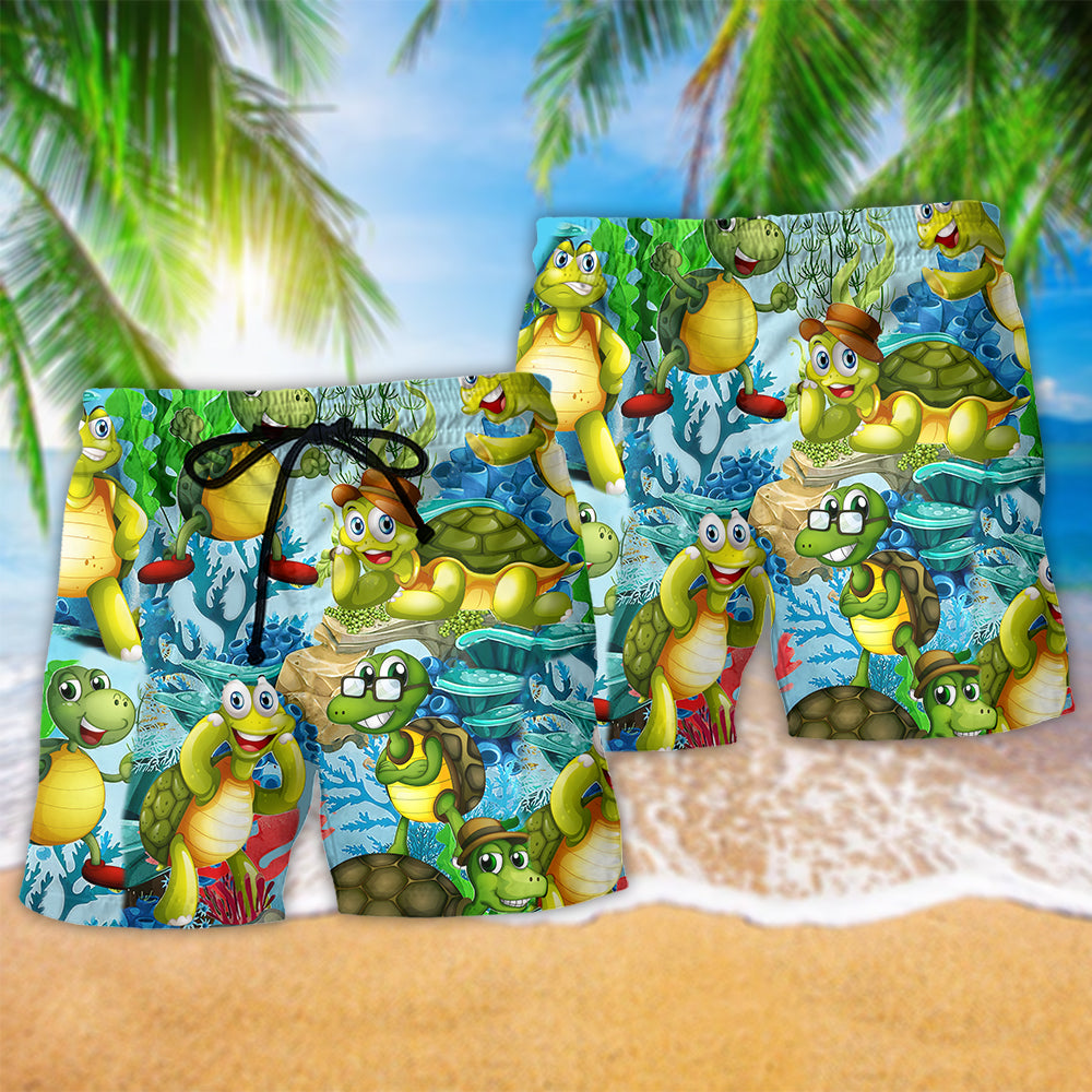 Funny Mini Turtle Happy Beach Shorts Pattern Detail For Relaxed Warm Weather Outfits