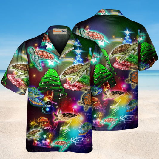 Neon Turtle Light Christmas Hawaiian Shirt For Festive Events, Island Vacations, And Comfortable Casual Outfits