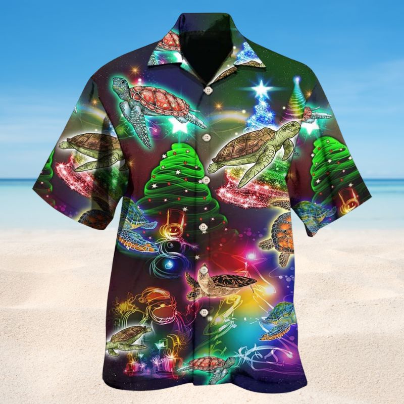 Neon Turtle Light Christmas Hawaiian Shirt For Festive Events, Island Vacations, And Comfortable Casual Outfits