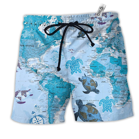 Turtle So Awesome Map Hawaiian Print Beach Shorts For Tropical Coastal Getaways