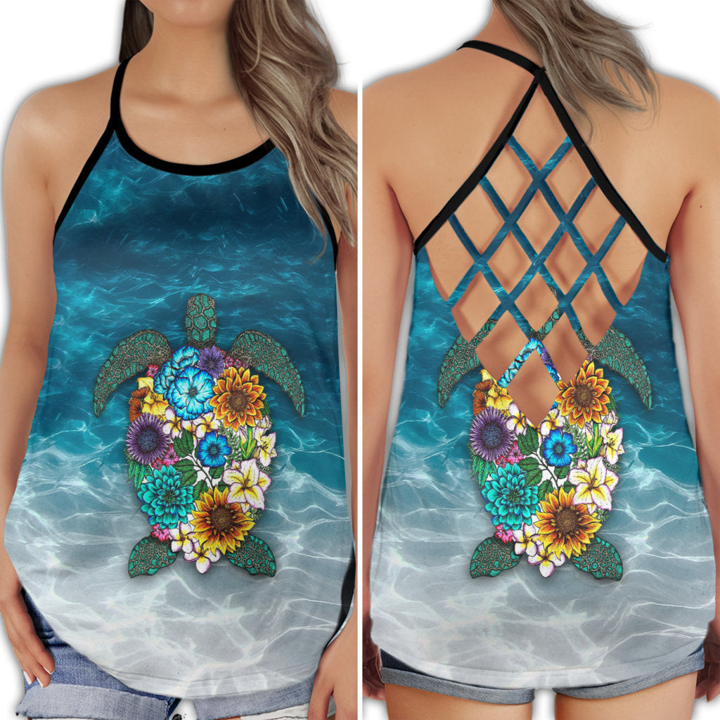 Turtle Swimming Moon Flower Ocean Fantasy Art Hollow Tank Top For Beach Vacations And Casual Wear