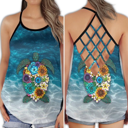Turtle Swimming Moon Flower Ocean Fantasy Art Hollow Tank Top For Beach Vacations And Casual Wear