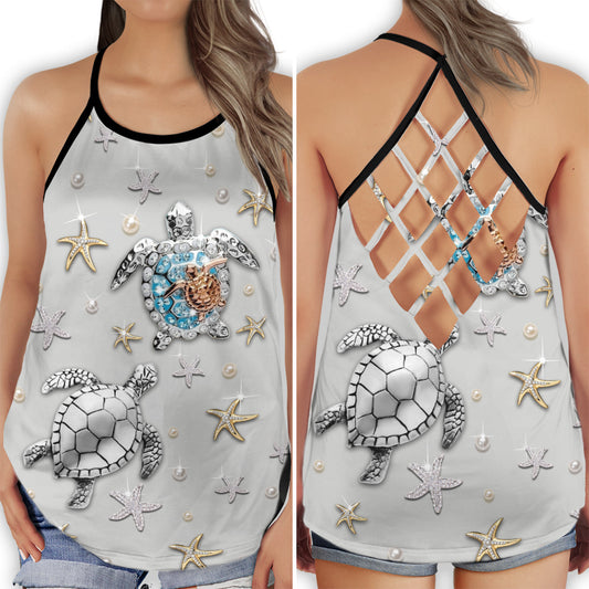 Turtle Starfish Ocean Treasure Hollow Tank Top For Beach Vacations And Casual Wear