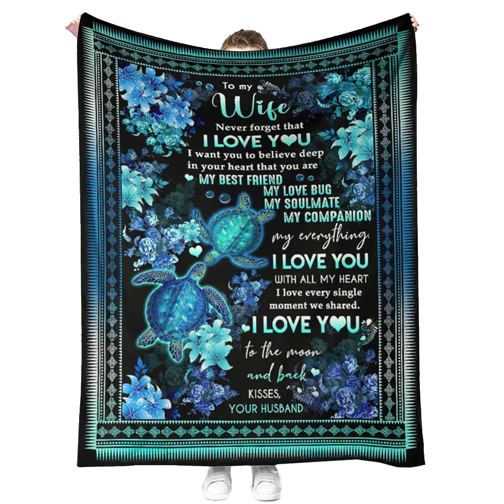 Turtle To My Wife Couple Flannel Blanket For Cozy Bedroom Sofa Decor