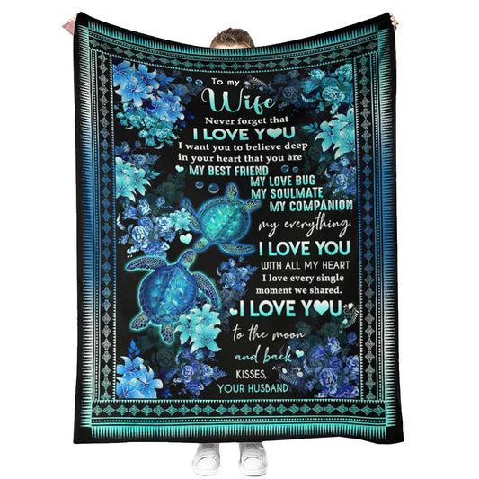 Turtle To My Wife Couple Flannel Blanket For Cozy Bedroom Sofa Decor
