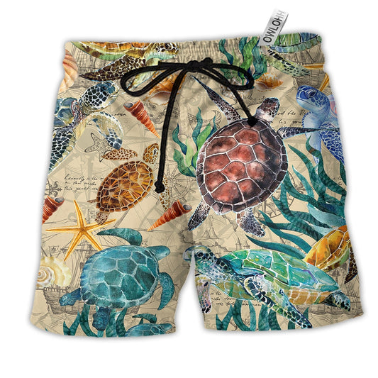 Turtle Under The Ocean Vintage Hawaiian Print Beach Shorts For Beach Days And Coastal Travel