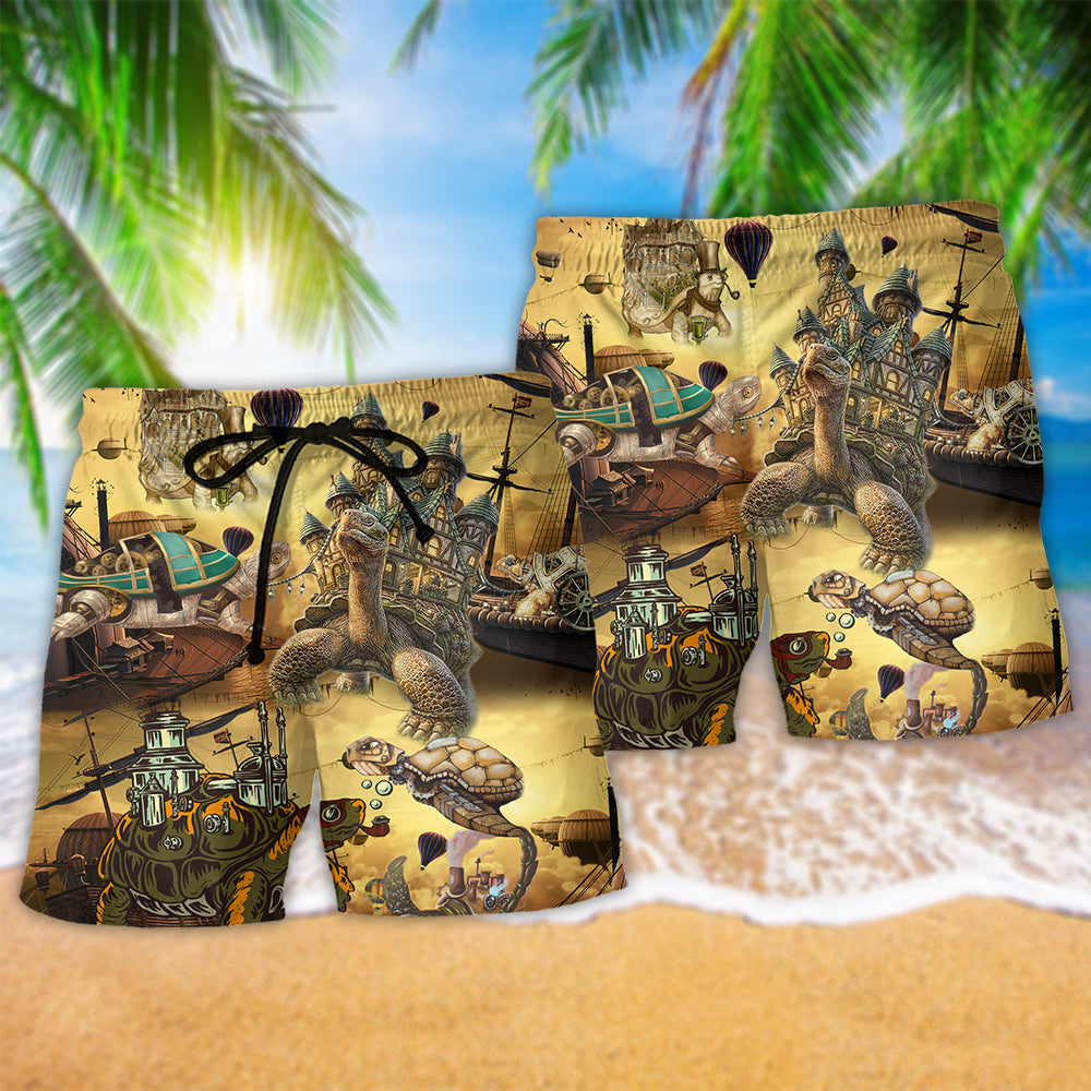 Vintage Turtle House Ship Beach Shorts Pattern Detail For Summer Adventures And Easy Warm Weather Wear