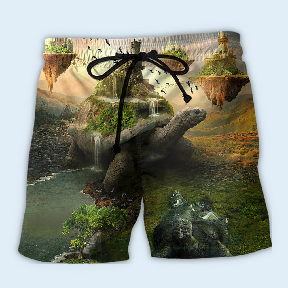 Turtle Vintage Landscape Beach Shorts Pattern View For Weekend Trips And Outdoor Activities