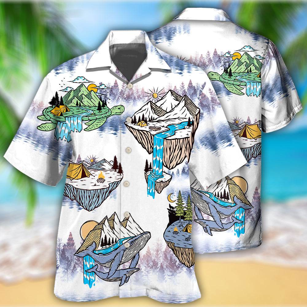 Turtle Shark Camping Hawaiian Shirt For Summer Vacation, Beach Travel, And Casual Wear