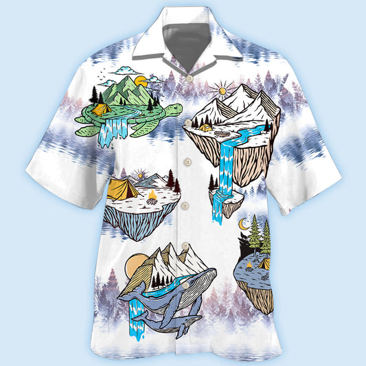 Turtle Shark Camping Hawaiian Shirt For Summer Vacation, Beach Travel, And Casual Wear