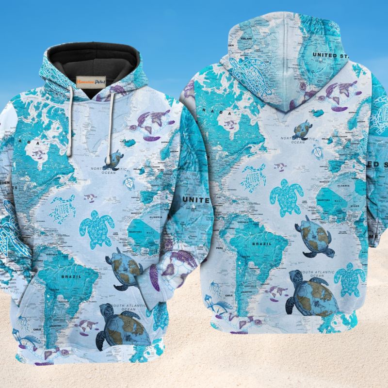 Turtle Map Adventure Hoodie For Sea Enthusiasts Vacation Style And Comfortable Layering