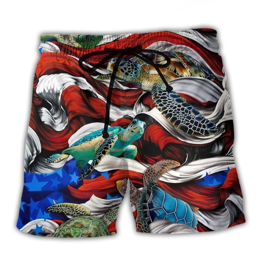 Turtle Swimming USA Flag Independence Day Beach Shorts Pattern Detail For Relaxed Warm Weather Outfits