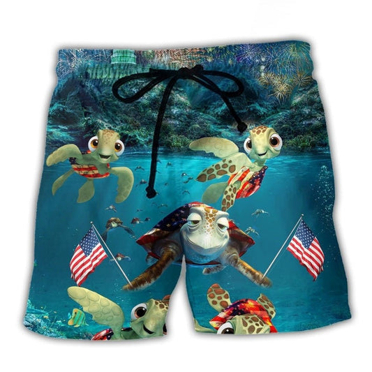 Turtle Underwater Independence Day Celebration Beach Shorts Design Detail For Weekend Getaways And Beach Days