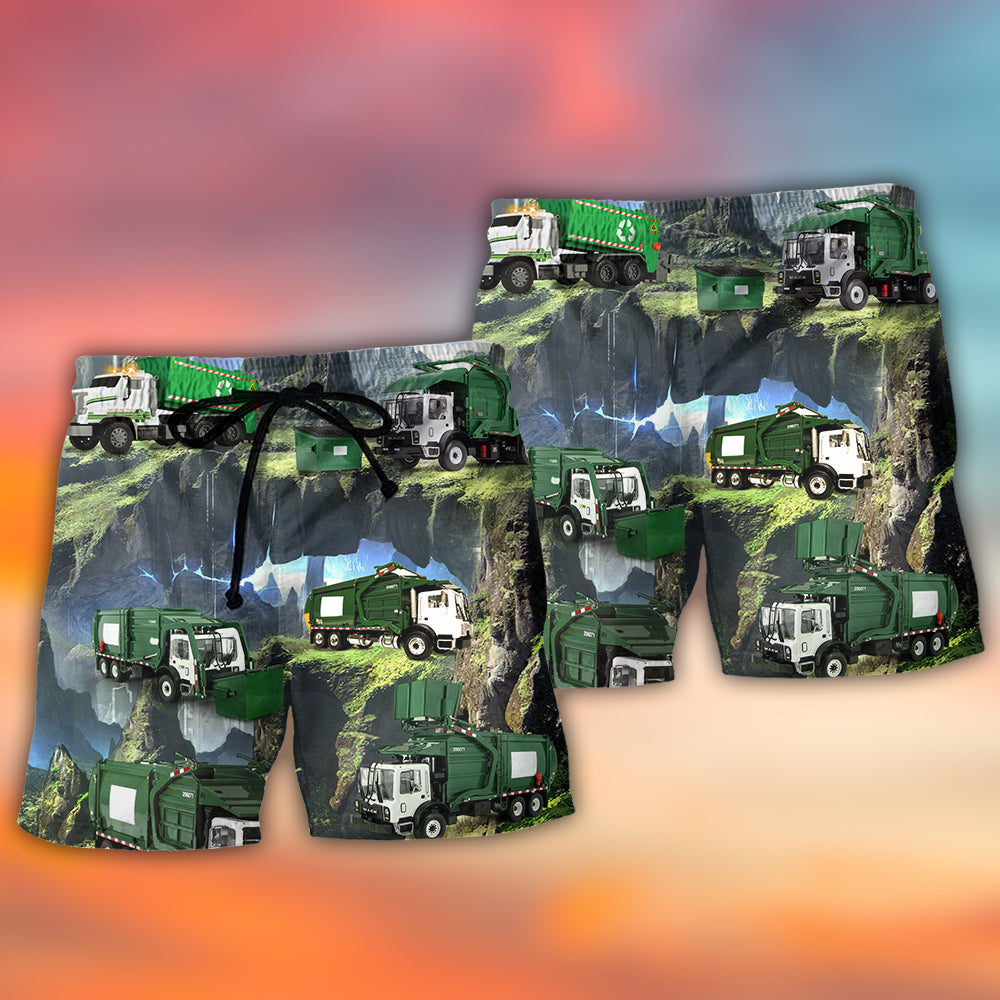 Waste Collector Truck Utility Beach Shorts Pattern Detail For Relaxed Warm Weather Outfits