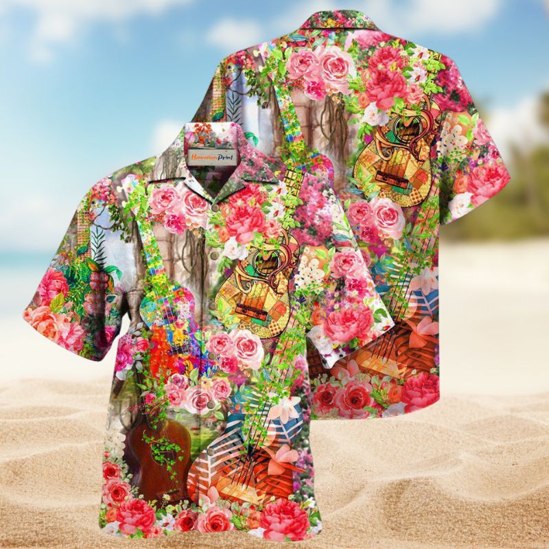 Ukulele Rose Garden Hawaiian Shirt For Summer Vacation, Beach Travel, And Casual Wear