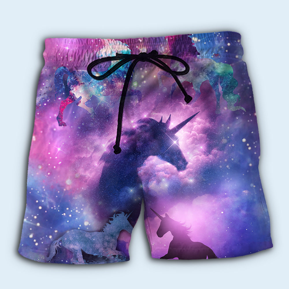 Unicorn Purple Galaxy Beach Shorts For Summer Vacation And Coastal Travel