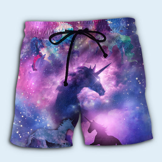 Unicorn Purple Galaxy Beach Shorts For Summer Vacation And Coastal Travel