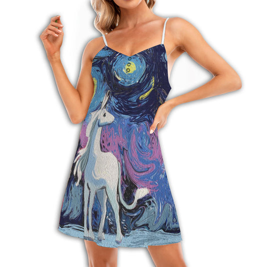 Unicorn Night Sky Love – Women's Summer Sleeveless V-Neck Camisole Dress