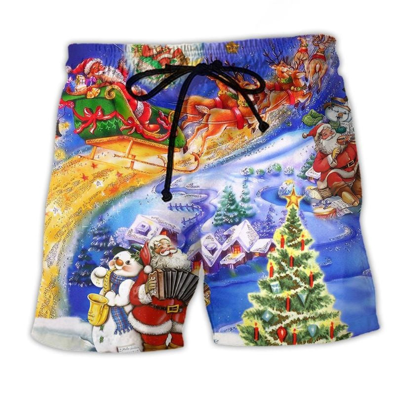 Santa Christmas Joy Beach Shorts Design Detail For Seasonal Resort Style