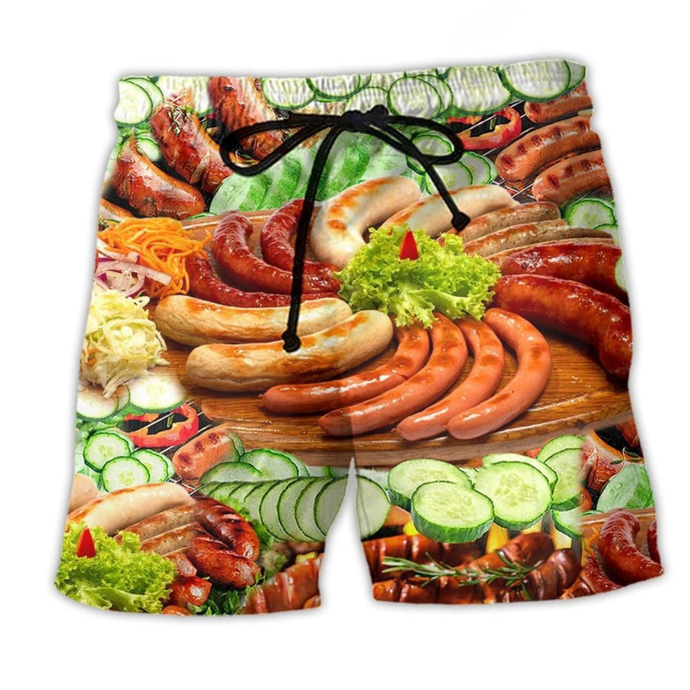 Food Hot Dog And Cucumber Fun Beach Shorts Pattern View For Beach Days And Outdoor Parties
