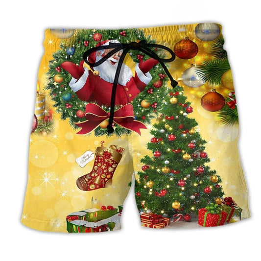 Christmas Tree Yellow Theme Beach Shorts Pattern View For Weekend Trips And Outdoor Activities