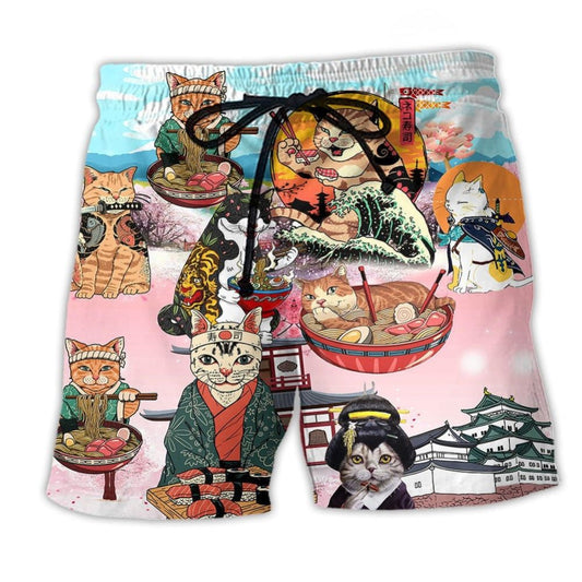Cat Samurai With Ramen Beach Shorts Print Detail For Thoughtful Gift Giving