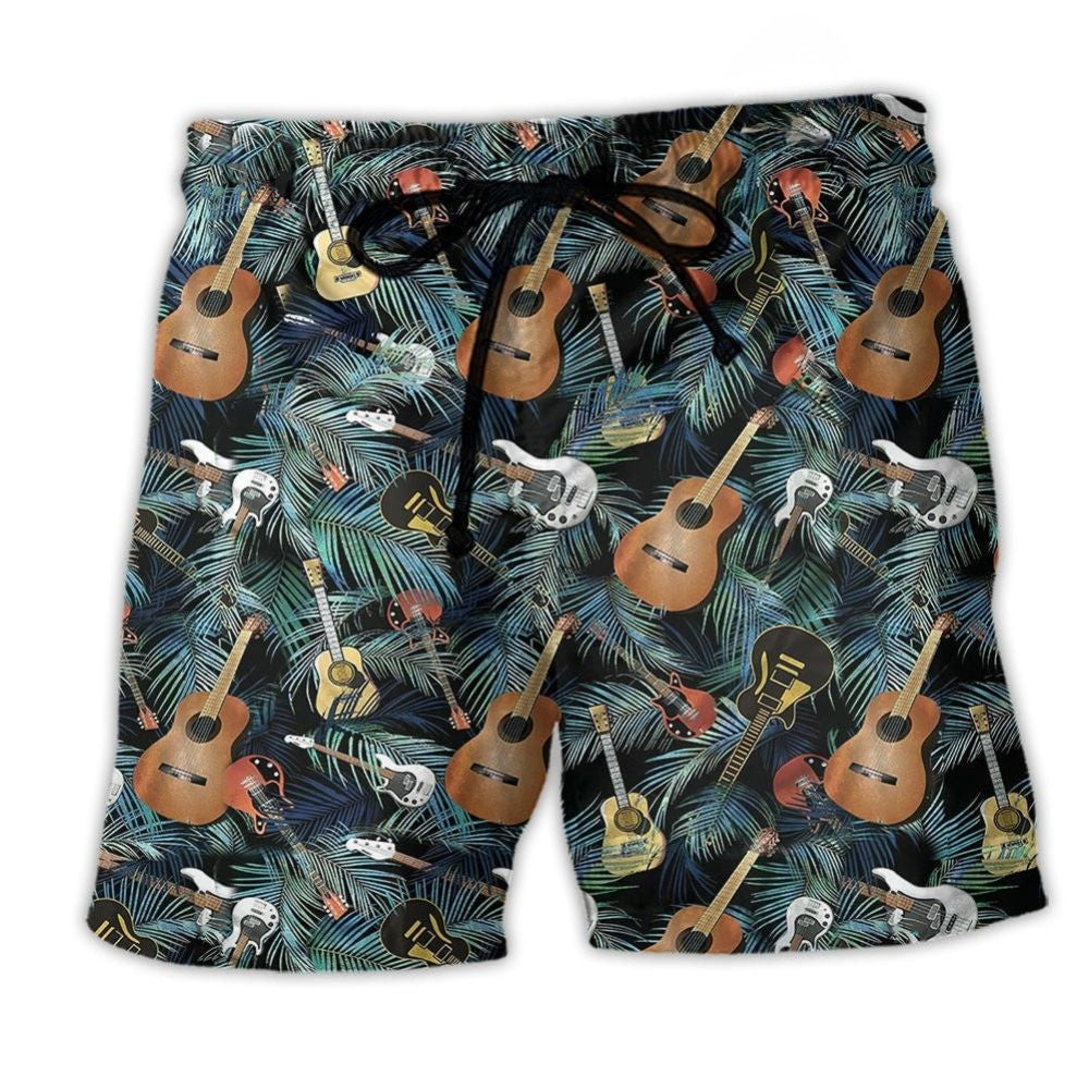 Guitar Tropical Leaf Beach Shorts For Tropical Vacations, Coastal Travel, And Relaxed Summer Adventures