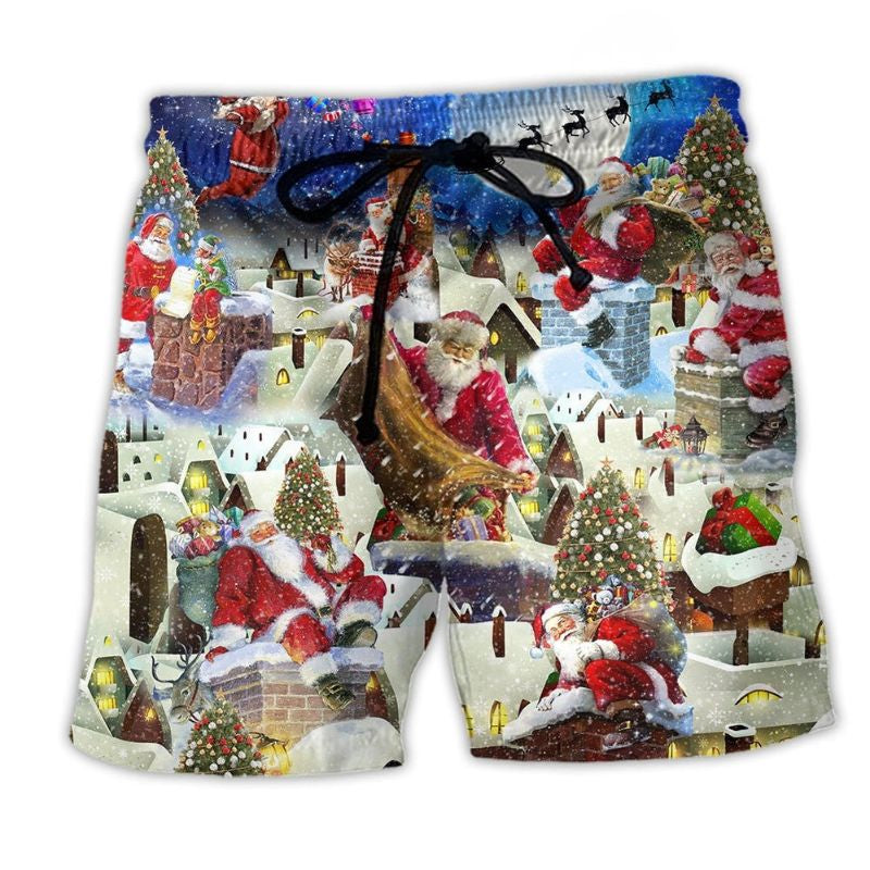 Christmas Santa On Rooftop Night Beach Shorts Print Detail For Thoughtful Gift Giving