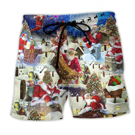 Christmas Santa On Rooftop Night Beach Shorts Print Detail For Thoughtful Gift Giving