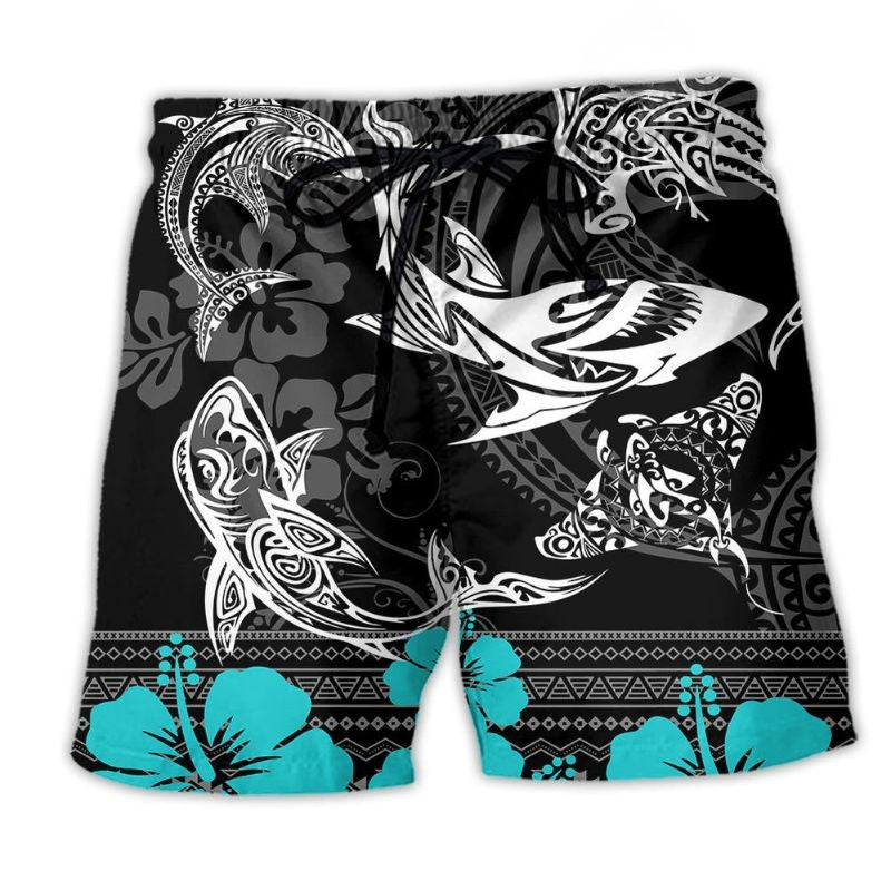 Shark Tropical Pattern Beach Shorts Artwork Detail For Poolside And Ocean Adventures