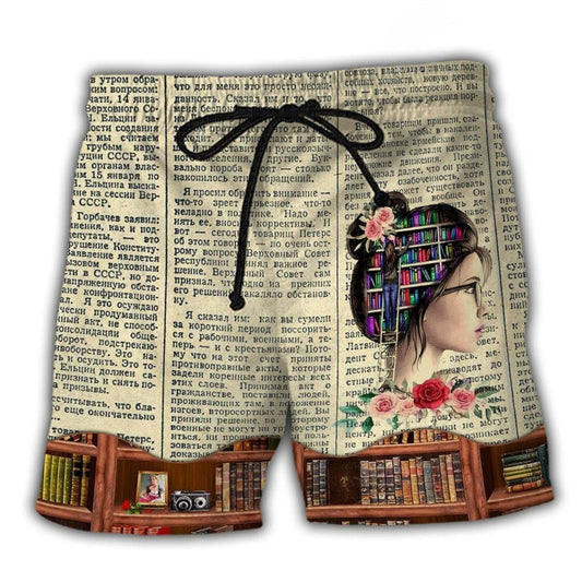 Book Lover Into The Bookstore Beach Shorts Artwork Detail For Casual Warm Weather Outfits