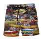 Classic Car Blessing Beach Shorts Artwork Detail For Casual Warm Weather Outfits