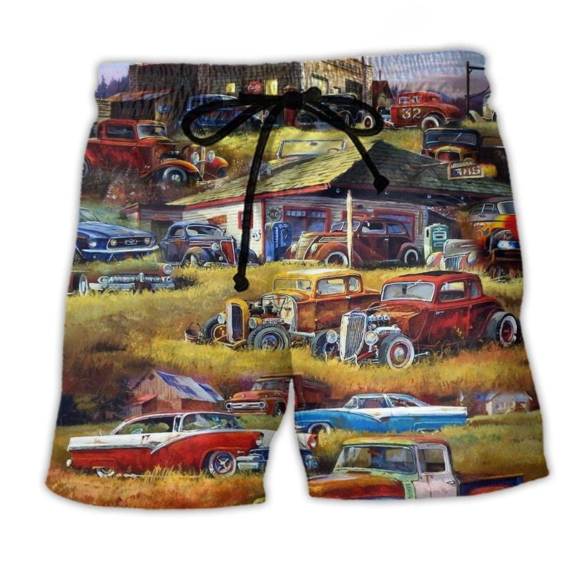 Classic Car Blessing Beach Shorts Artwork Detail For Casual Warm Weather Outfits