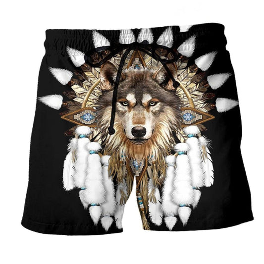 Nature Spirit Wolf Black Tribal Beach Shorts Design Detail For Coastal Escapes And Daily Wear